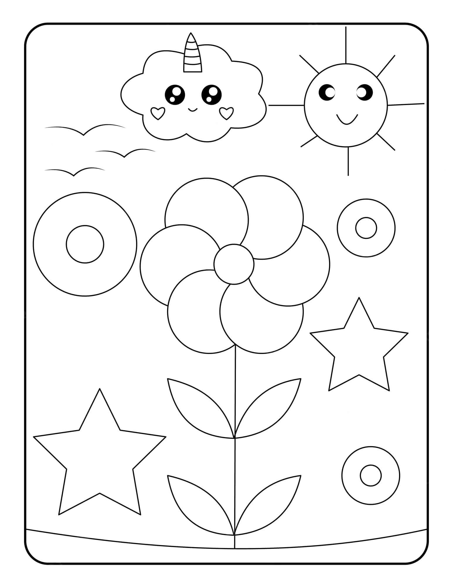 태양과 구름이 있는 꽃 coloring page