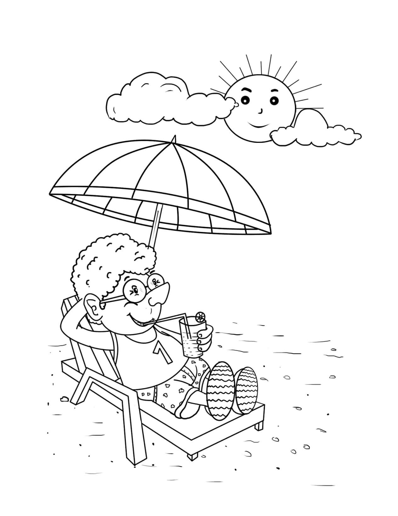 태양이 비치는 해변에서 휴식을 취하는 소년 coloring page