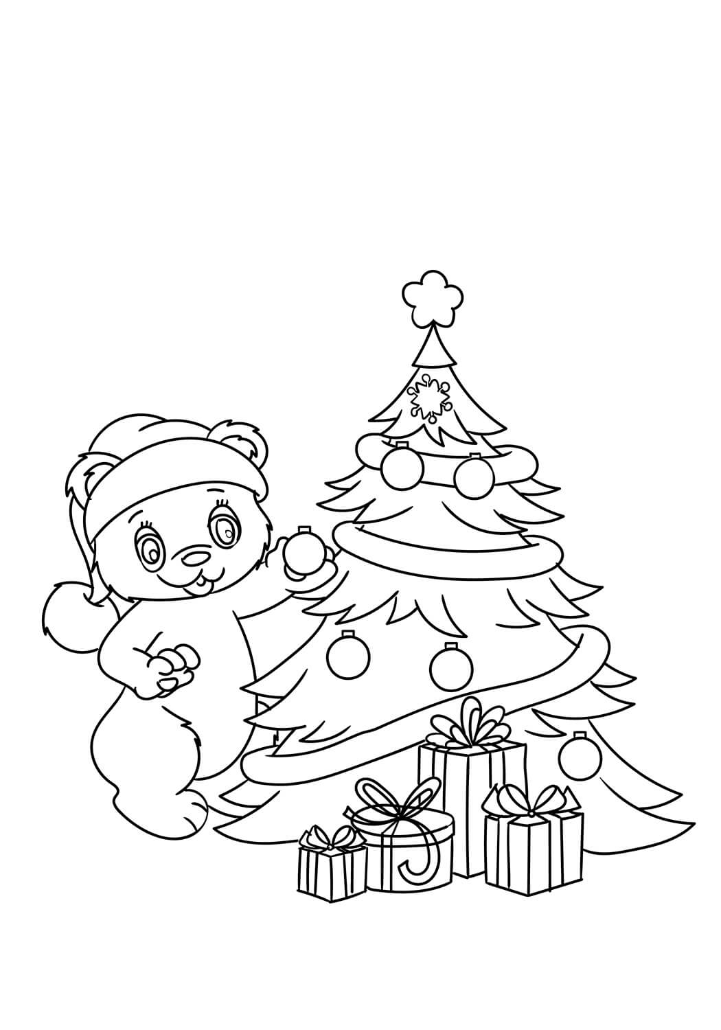 테디가 크리스마스 트리를 장식하고 있습니다 coloring page