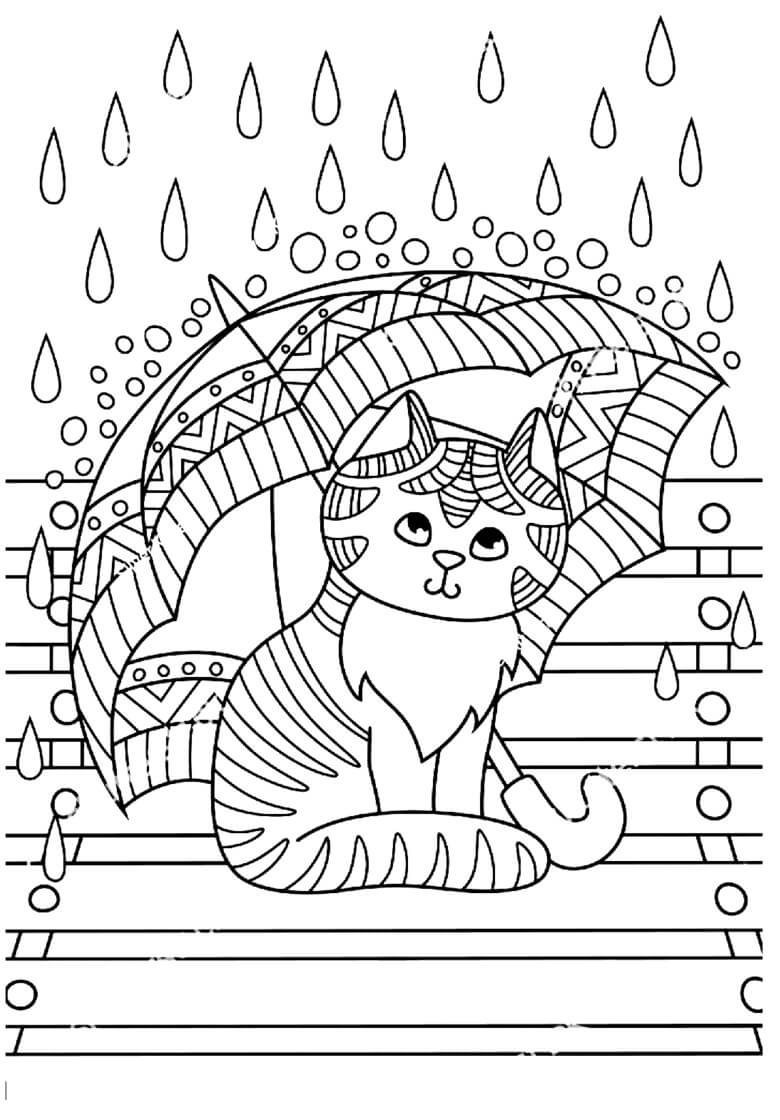 우산 아래 귀여운 새끼 고양이 coloring page