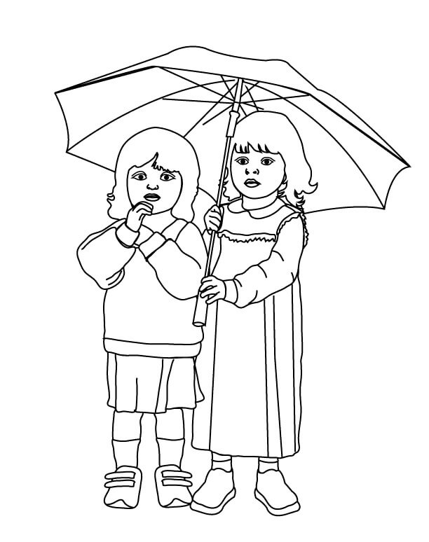 우산을 들고 두 어린 소녀 coloring page