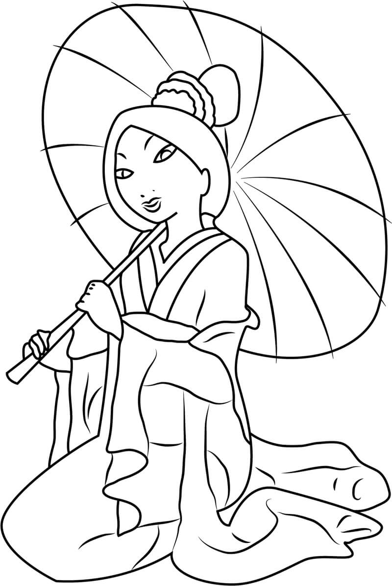 우산을 들고 있는 뮬란 coloring page