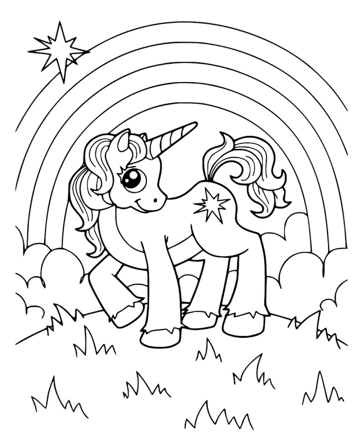 웃는 유니콘과 무지개 coloring page