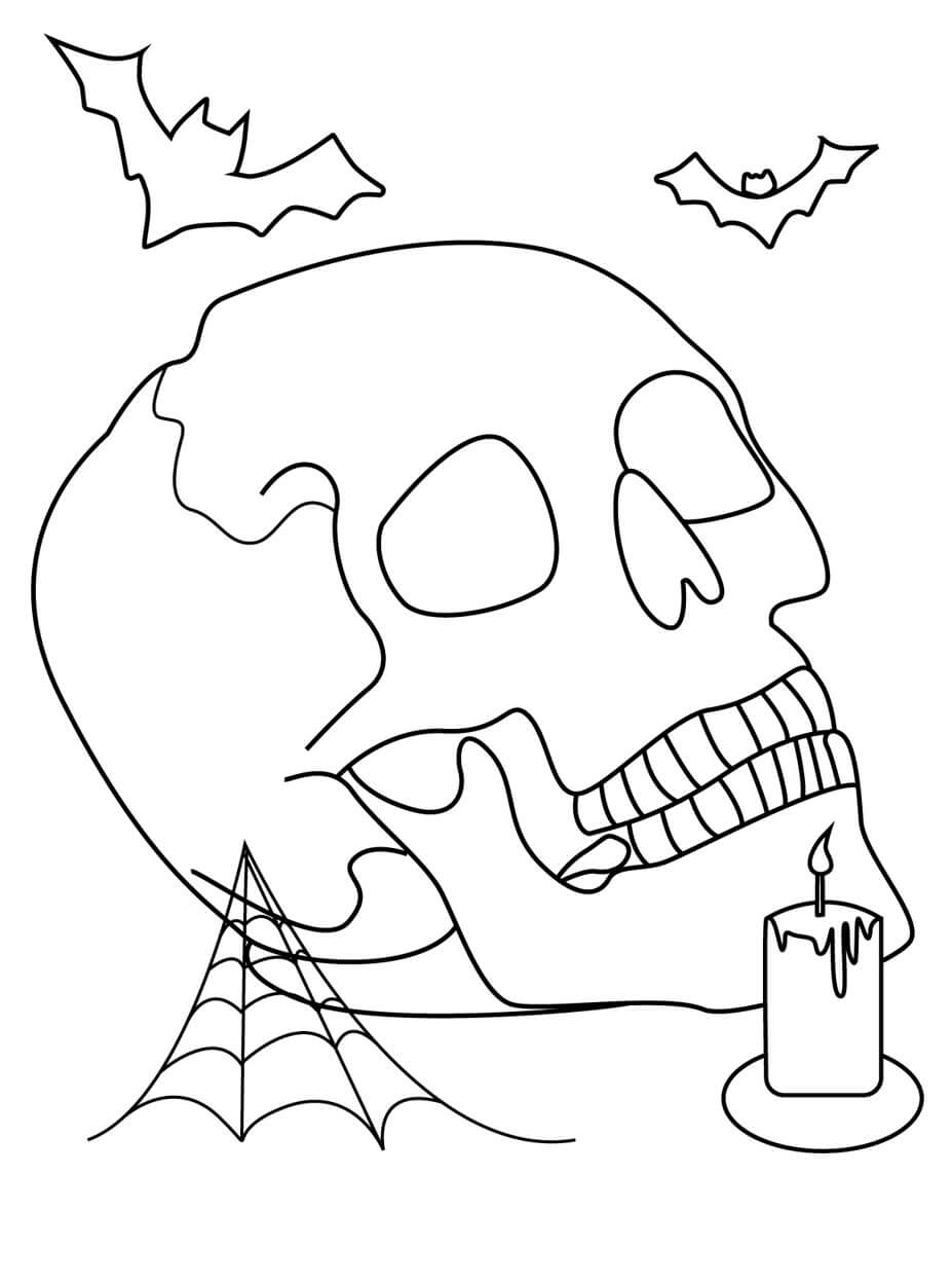 양초와 두 개의 박쥐가 있는 해골 coloring page