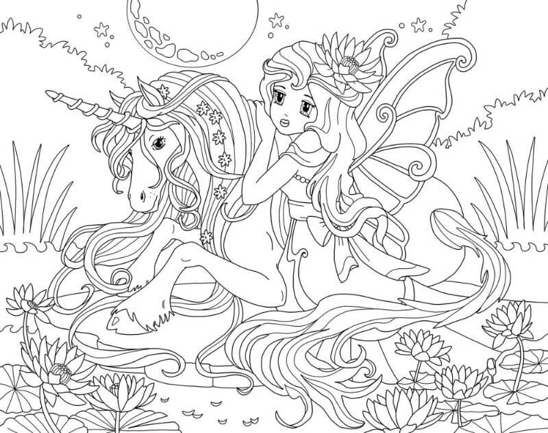 요정과 유니콘 coloring page