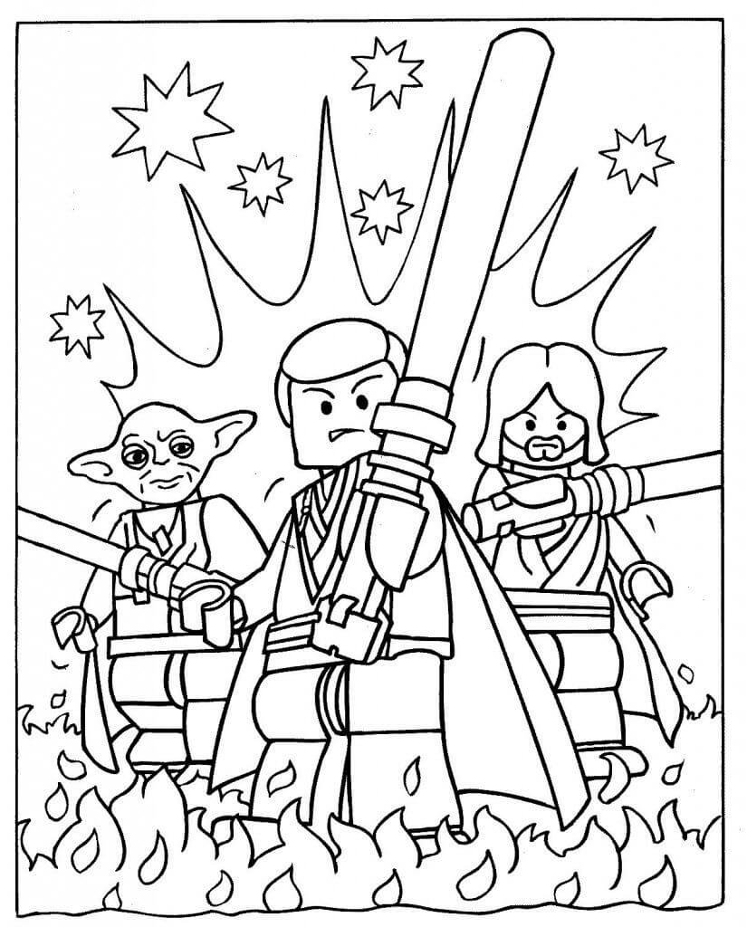 불꽃이 있는 3개의 레고 스타워즈 캐릭터 coloring page