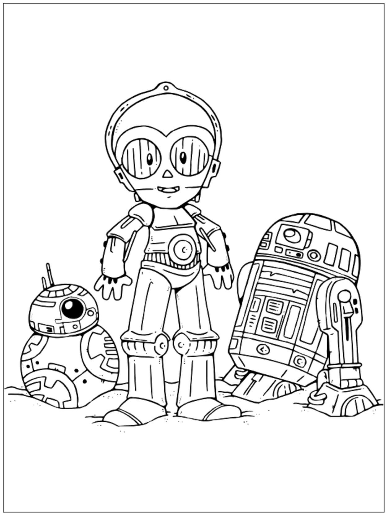 Chibi C-3P0 및 R2-D2와 BB-8 coloring page