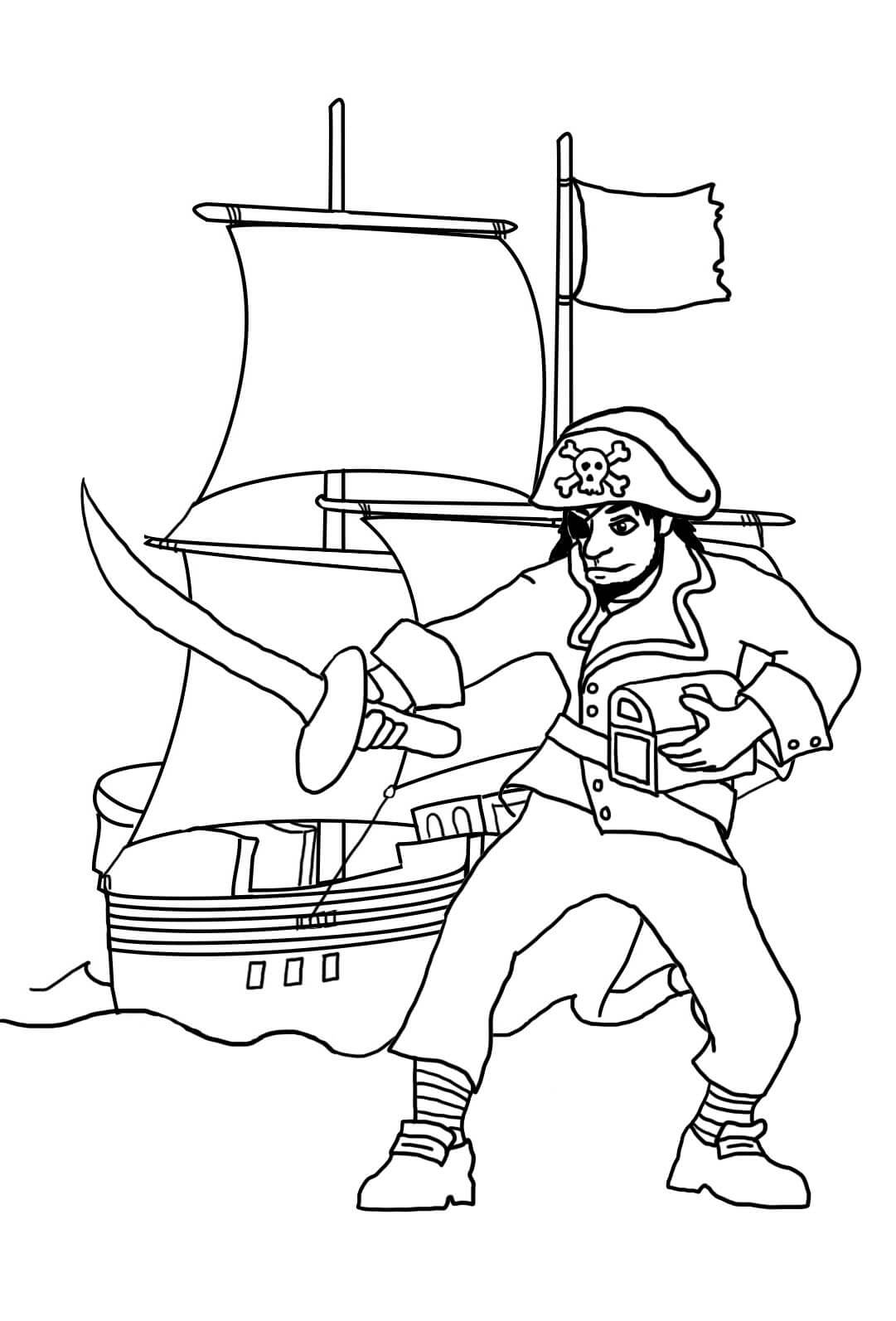 검과 해적선을 들고 있는 해적 coloring page
