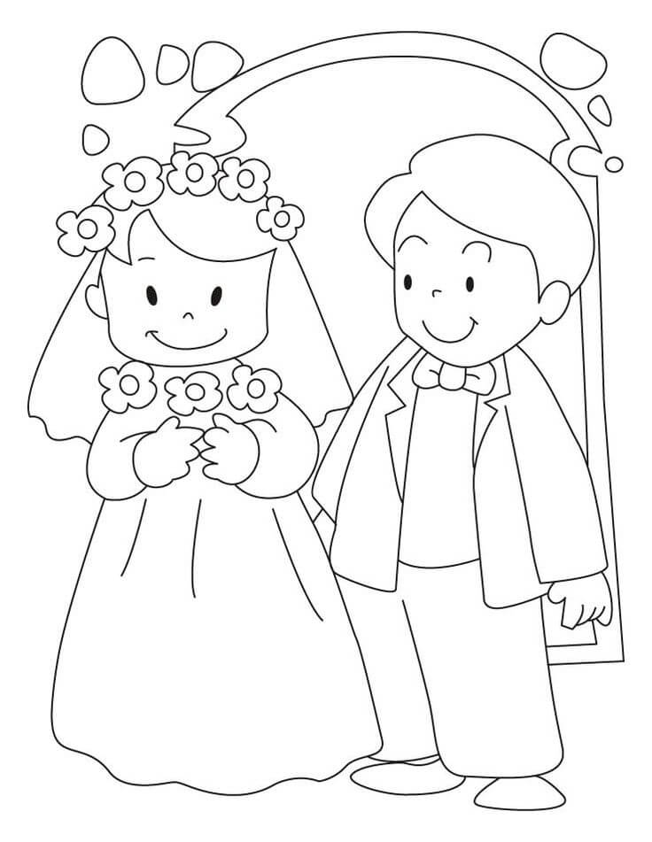 결혼식에서 사랑스러운 신랑과 신부 coloring page