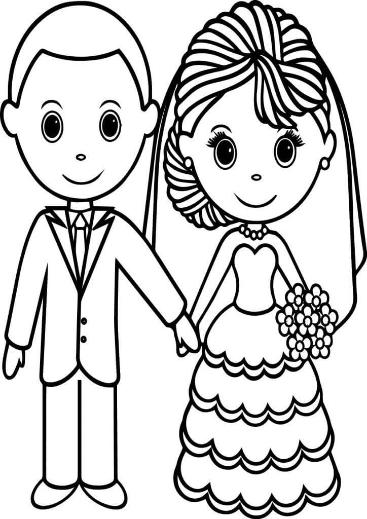 결혼식에서 웃는 신부와 신랑 coloring page