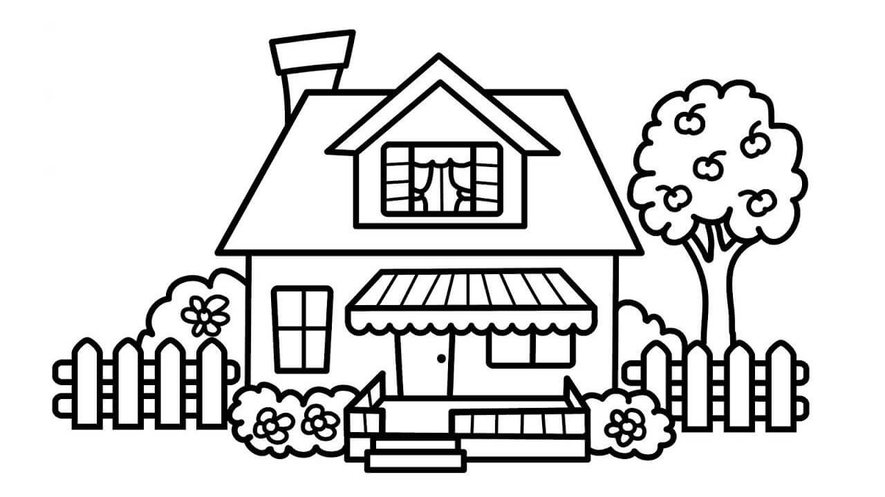 꽃과 나무가 있는 아름다운 집 coloring page