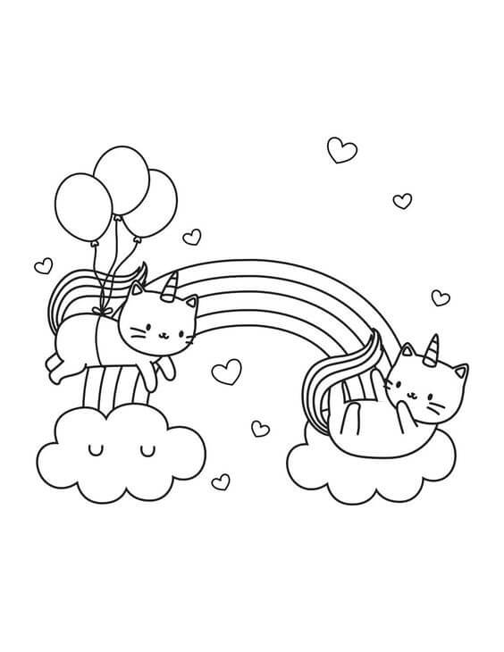 무지개와 두 유니콘 고양이 coloring page