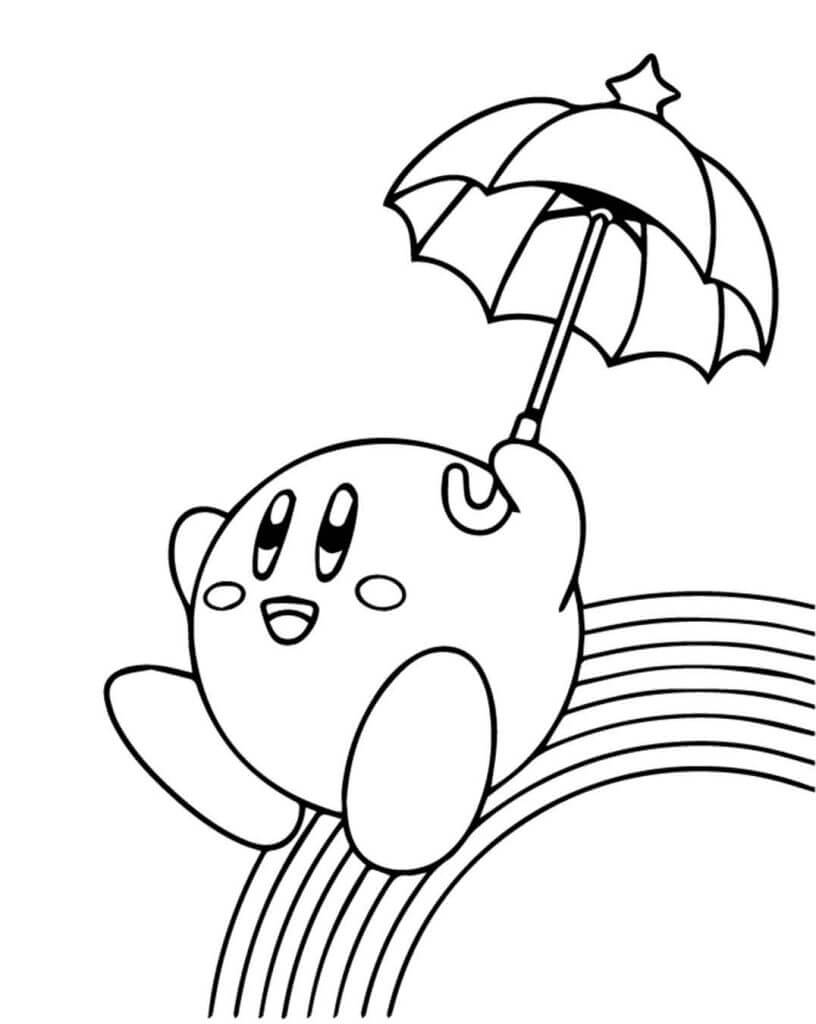 무지개와 함께 우산을 들고 있는 커비
