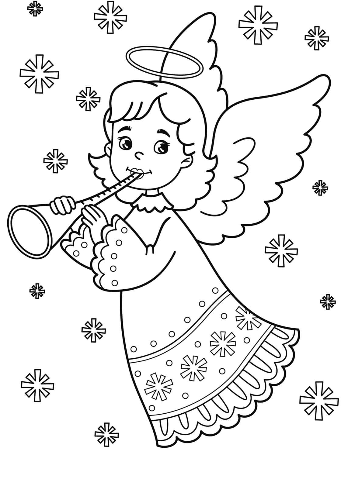 눈송이로 트럼펫을 연주하는 작은 천사 coloring page