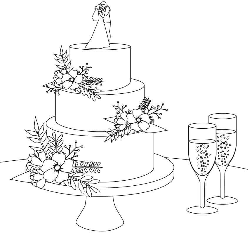 웨딩 케이크와 와인 두 잔 coloring page