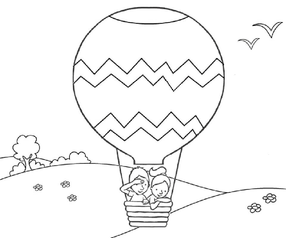 열기구를 탄 기본 두 아이 coloring page