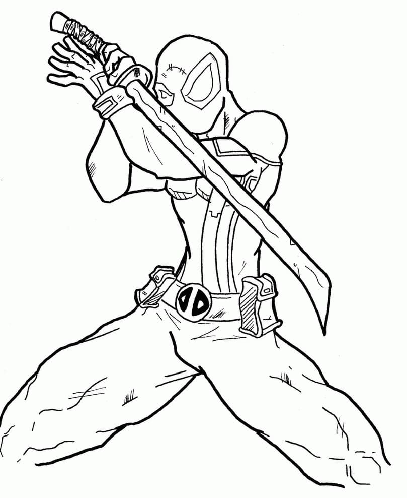 Deadpool Holding Sword coloring page