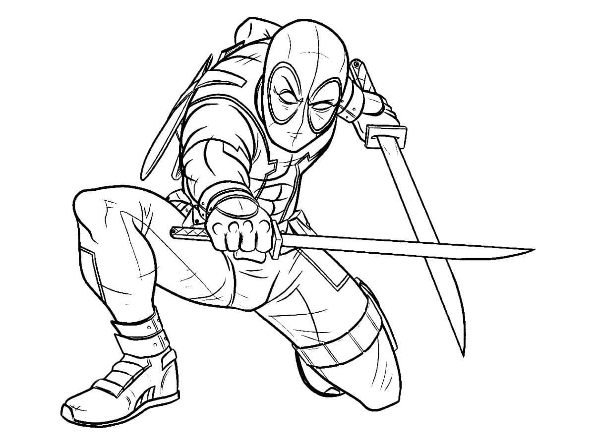 Deadpool Holding Two Swords coloring page