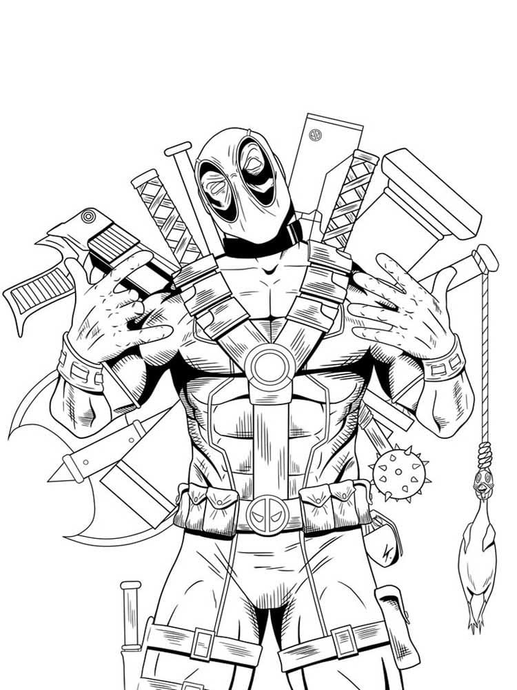Deadpool With Weapons coloring page