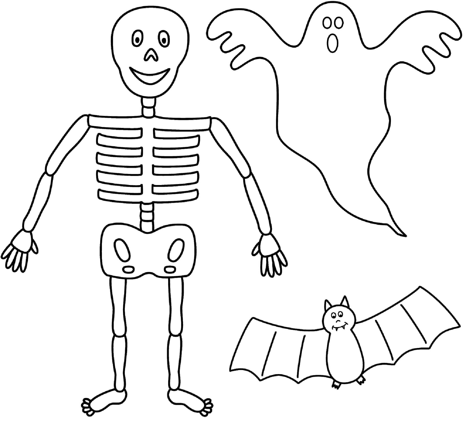 유령이 있는 해골과 박쥐 coloring page