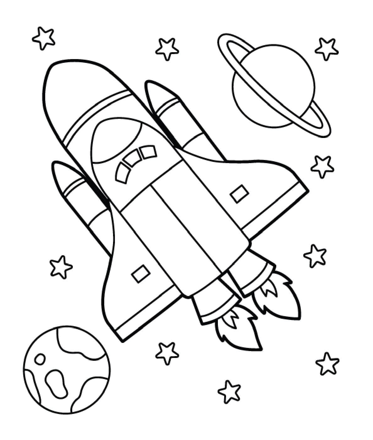 별과 두 개의 행성이 있는 로켓 coloring page