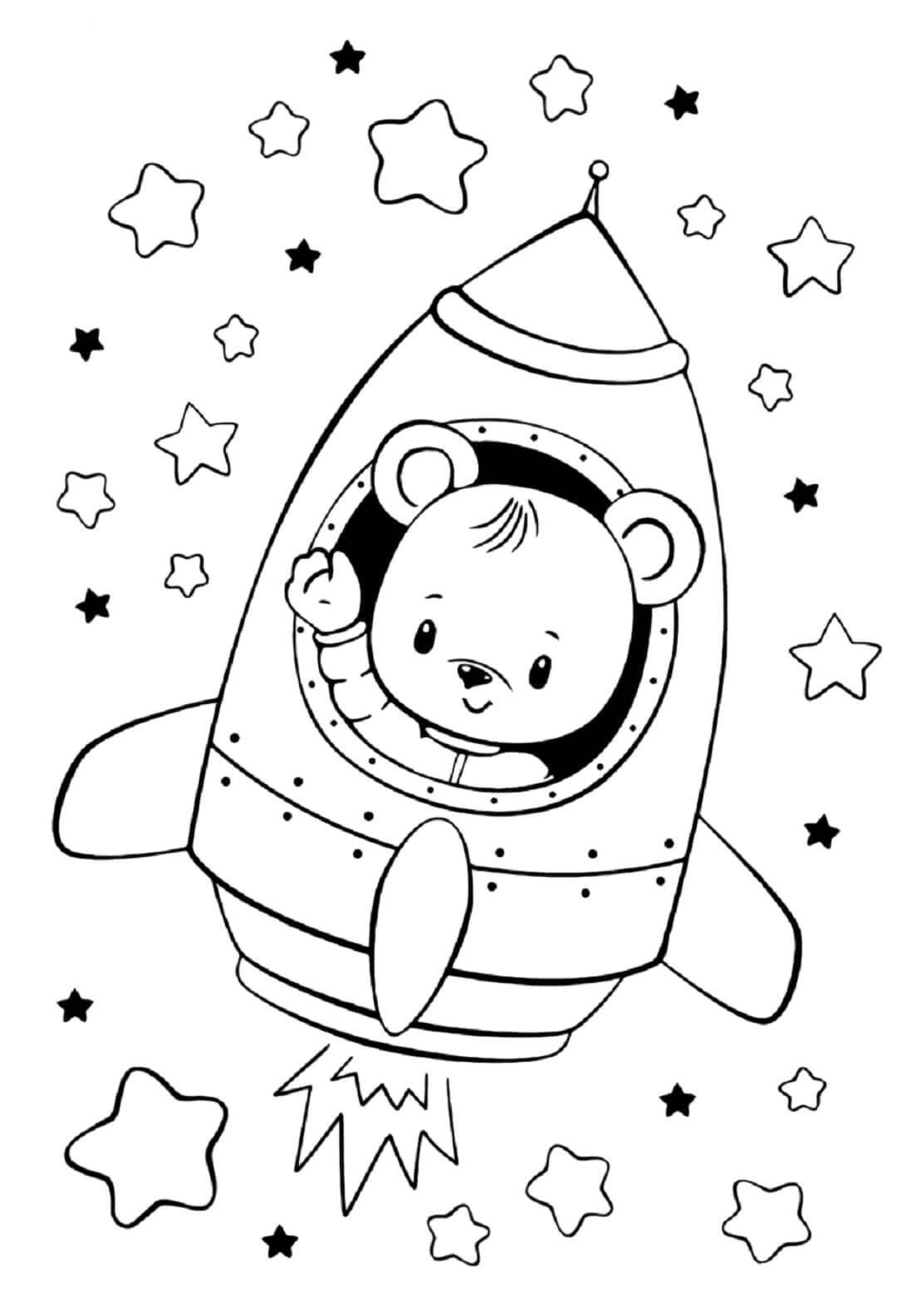 별과 함께 로켓에 곰 coloring page