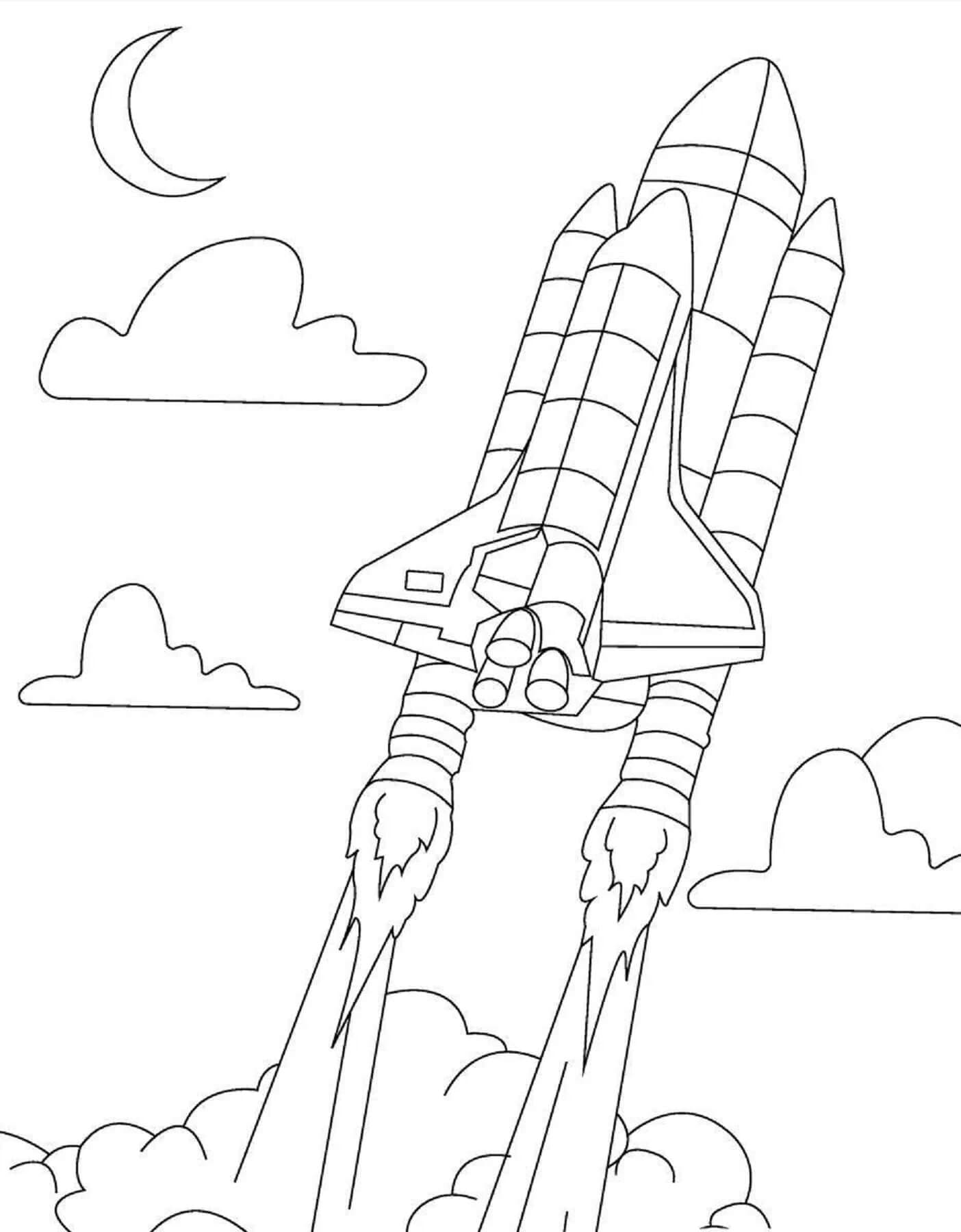 구름과 달이 있는 로켓 coloring page