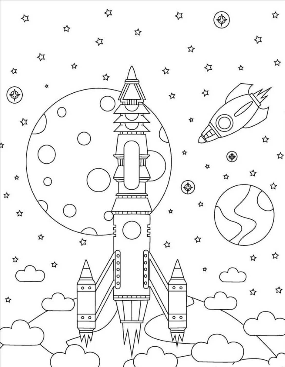 행성이 있는 두 개의 로켓 coloring page