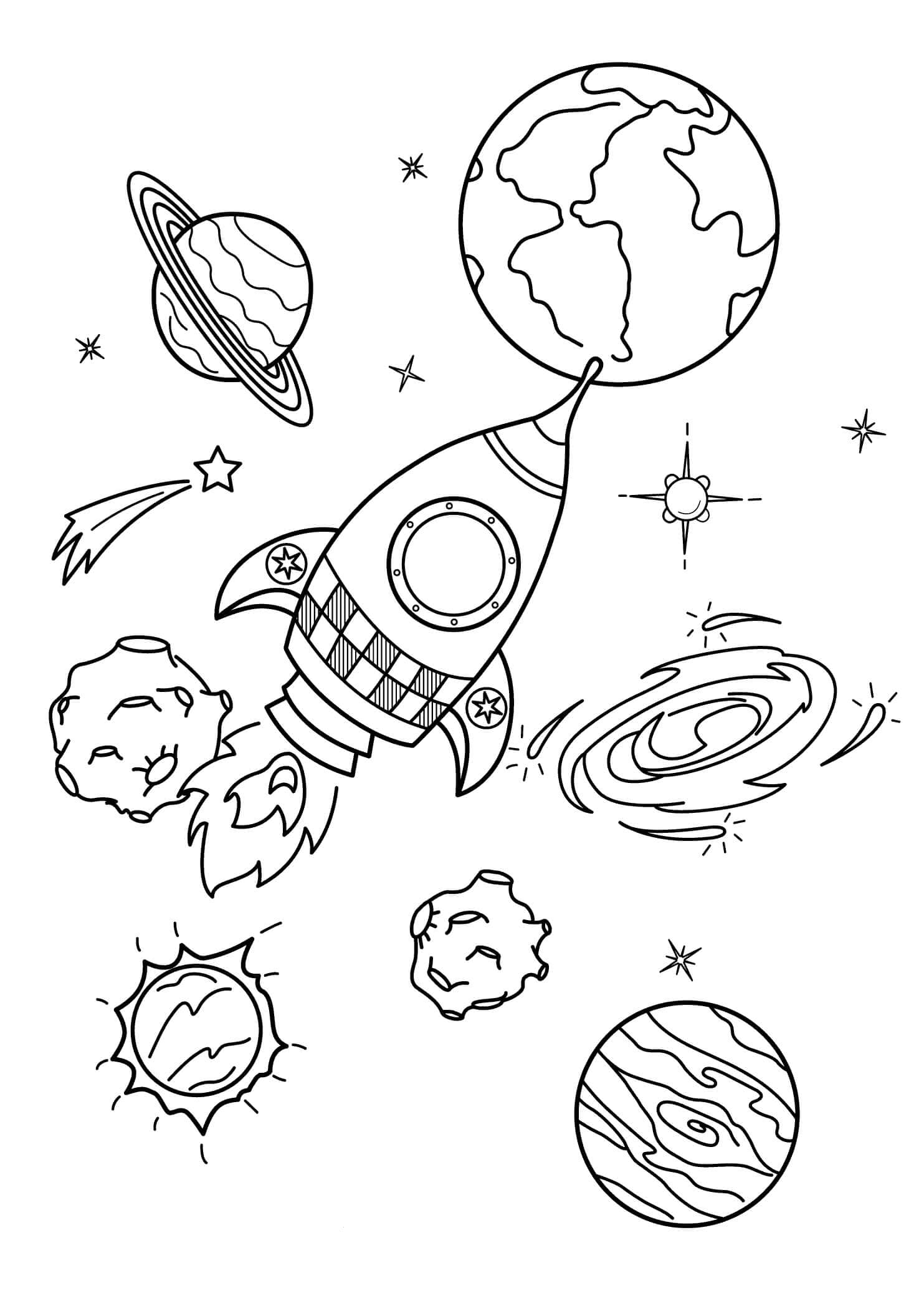 행성이 있는 로켓 coloring page