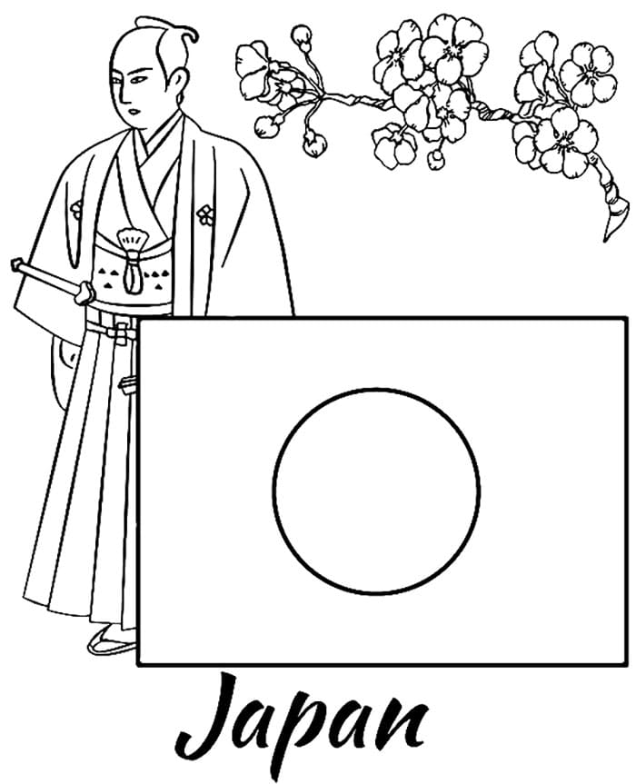 일본의 국기와 사무라이 coloring page