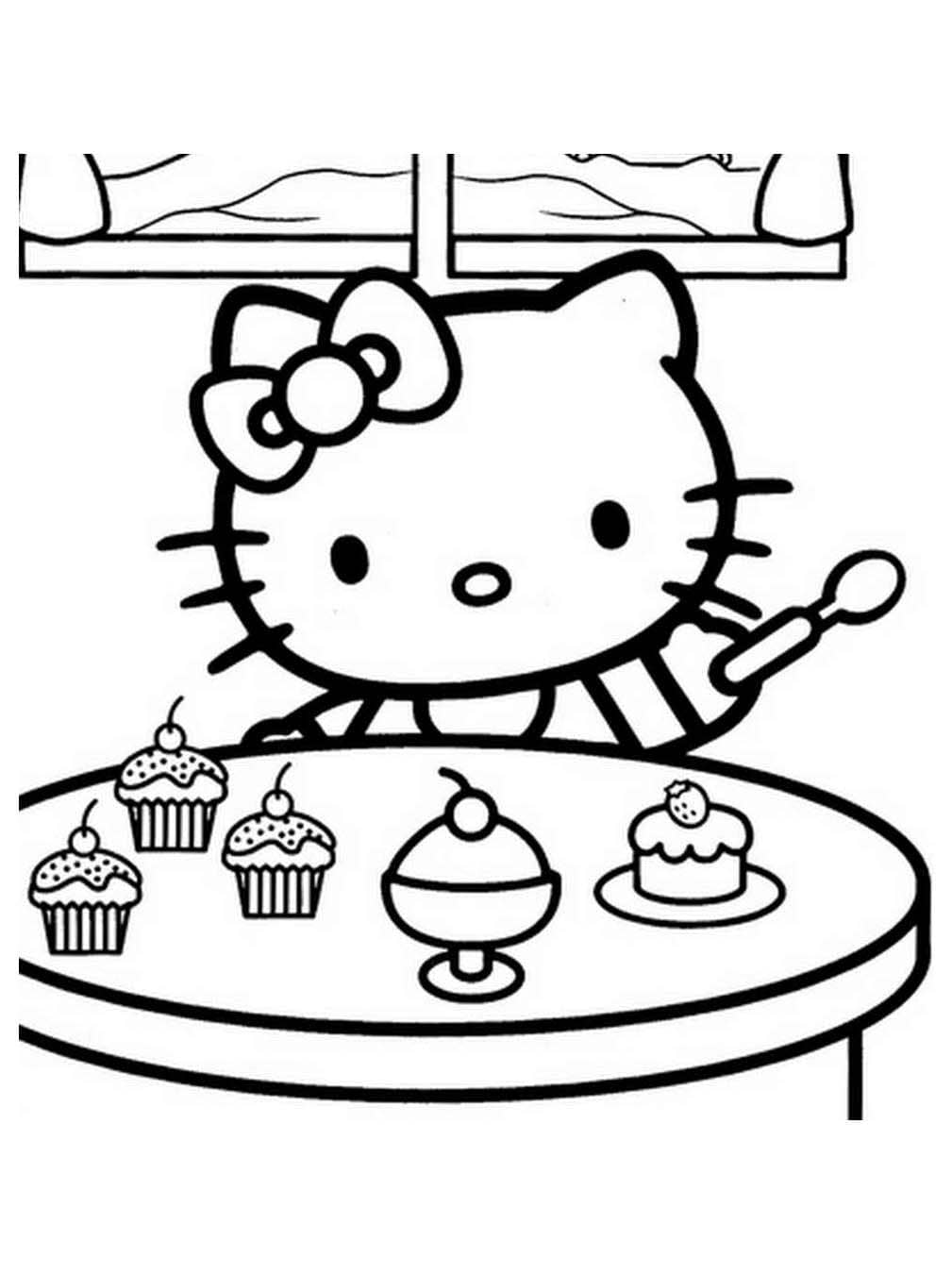 키티는 컵케이크를 먹고 있다 coloring page