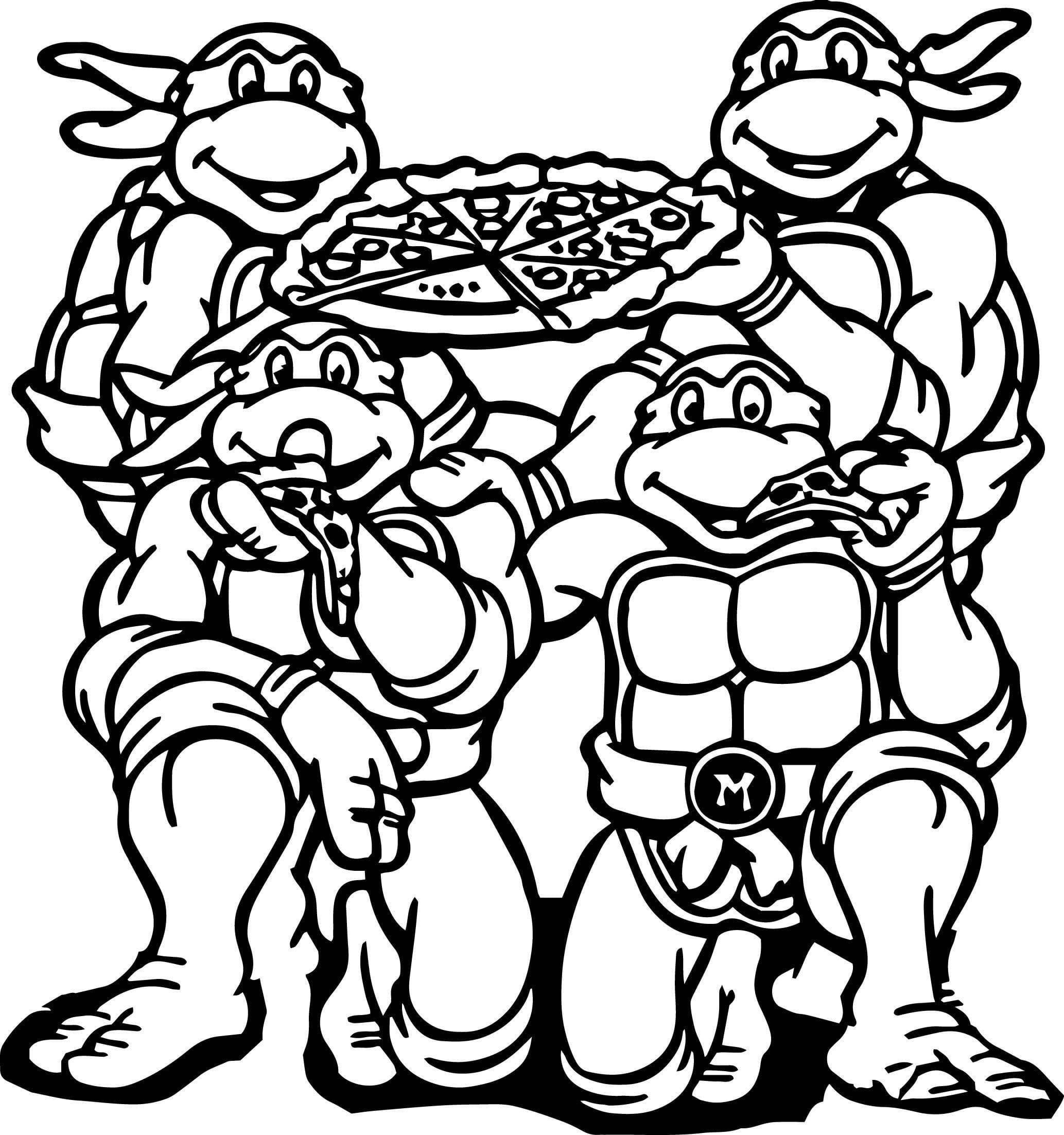 네 마리의 닌자 거북이 피자를 먹고 있는 모습 coloring page