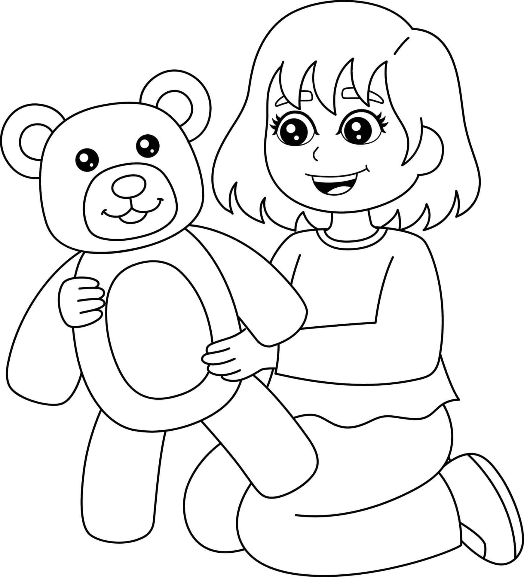 테디베어를 들고 있는 재미있는 소녀 coloring page