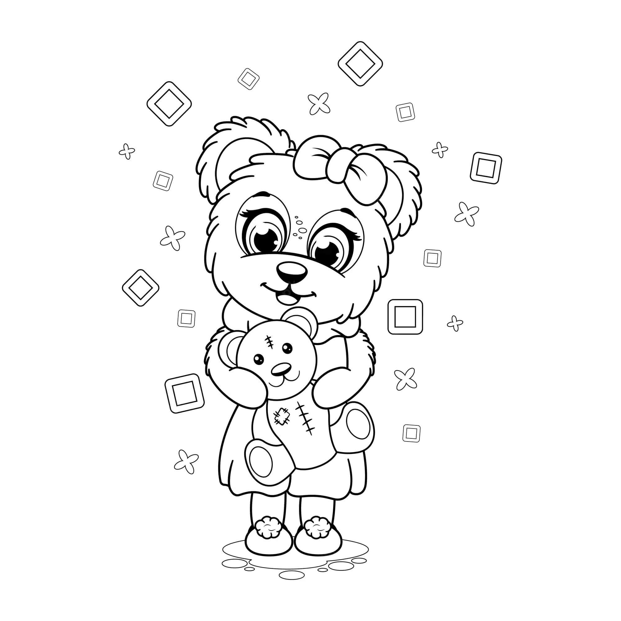 테디베어를 들고 있는 만화 개 coloring page