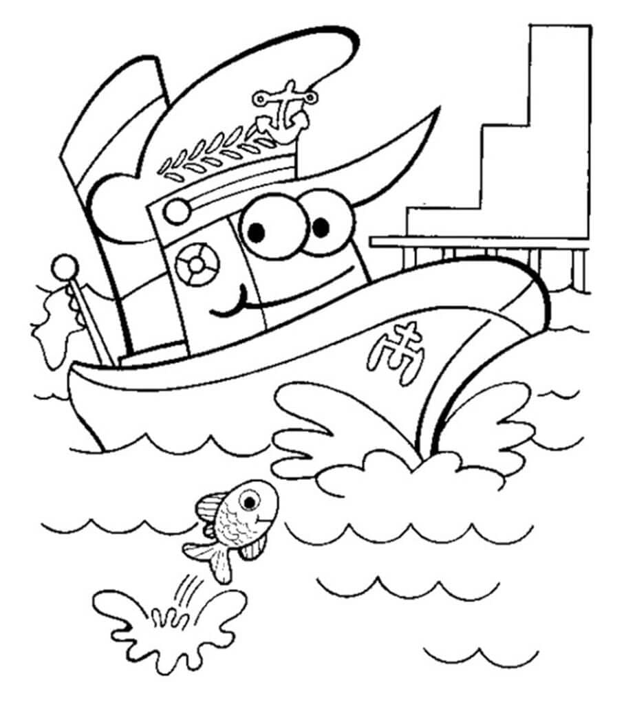 웃고 있는 배와 물고기의 이미지 coloring page