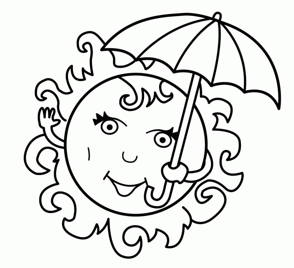 여름에 우산을 쓴 태양 coloring page