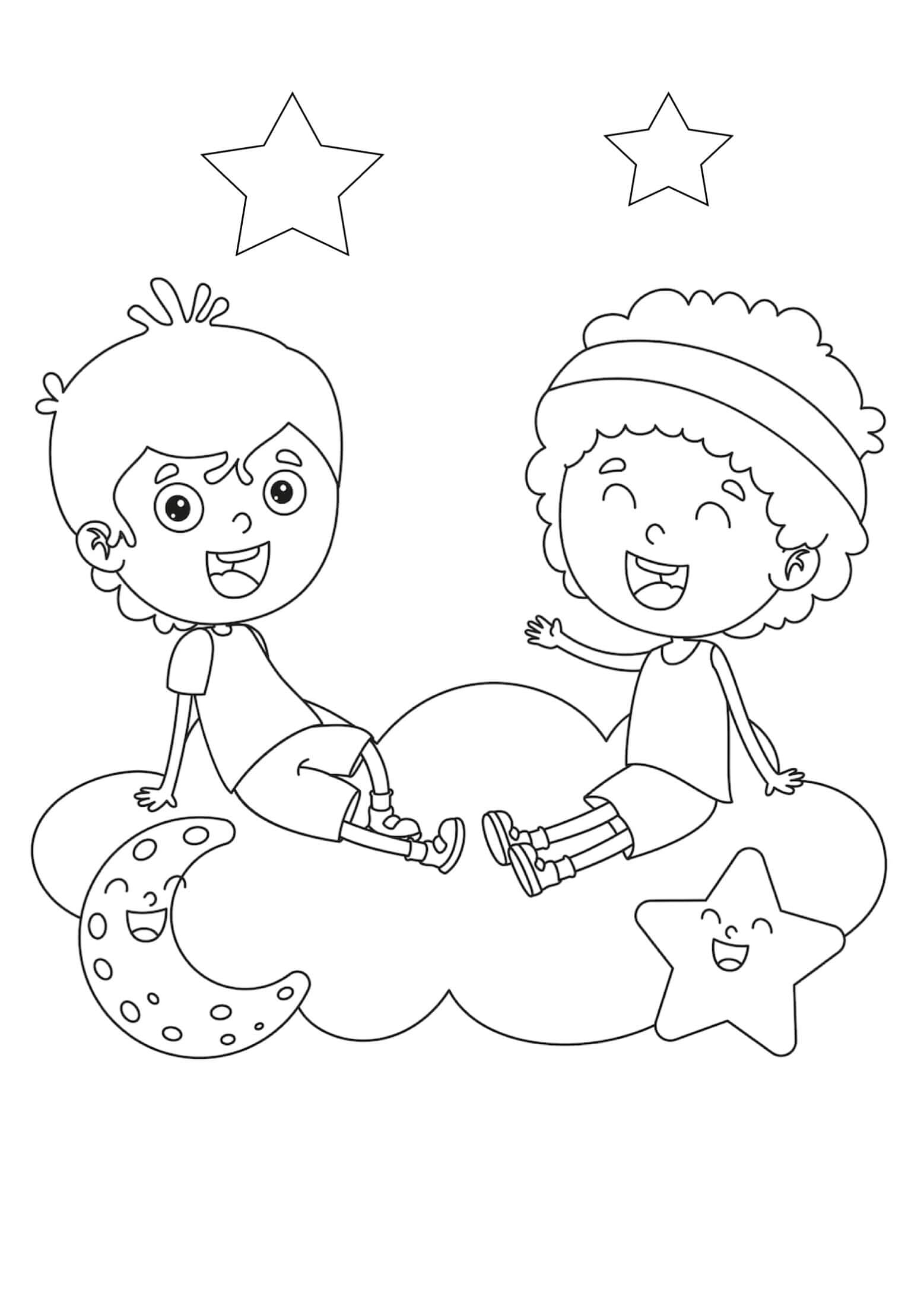 구름 위의 재미있는 두 아이 coloring page