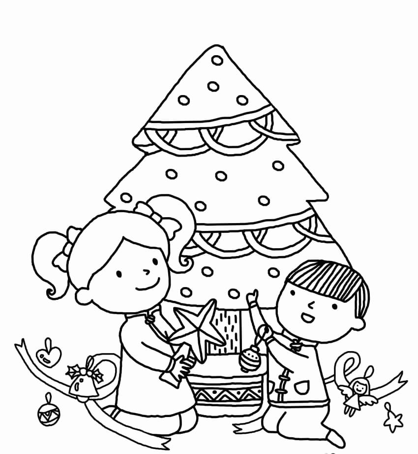 아이들이 크리스마스 트리를 장식하고 있습니다 coloring page