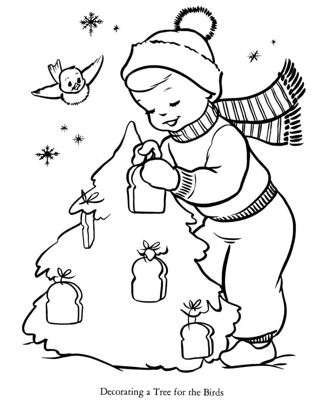 아이가 크리스마스 트리를 장식하고 있습니다 coloring page