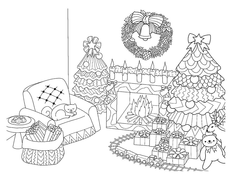 벽난로와 크리스마스 트리 coloring page