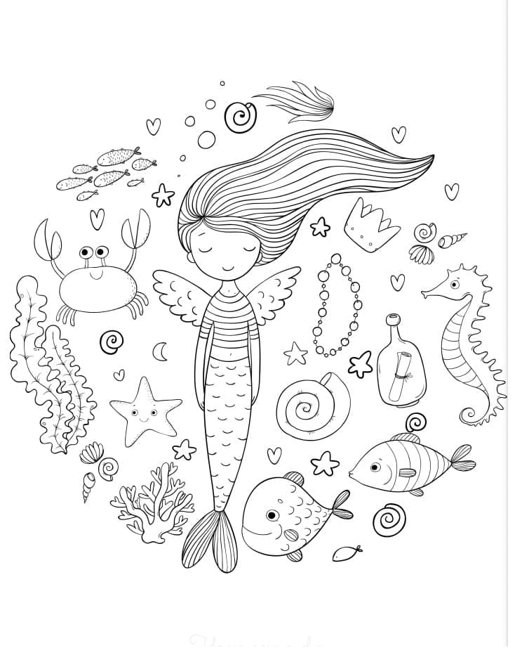 귀여운 인어와 바다 동물 coloring page