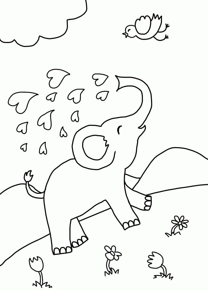 귀여운 코끼리와 새 coloring page