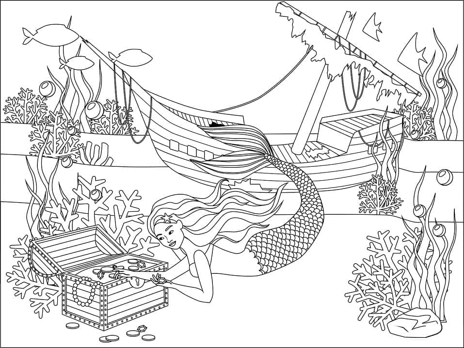 인어와 보물 상자 coloring page