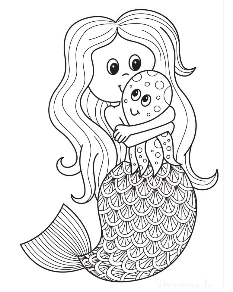 인어와 작은 문어 coloring page