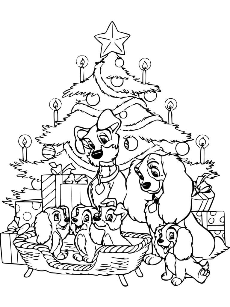 크리스마스 트리의 여인과 트램프 coloring page