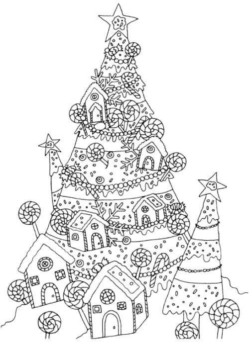 크리스마스 트리와 캔디 하우스 coloring page