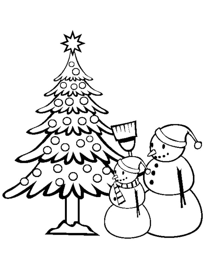 눈사람과 크리스마스 트리 coloring page