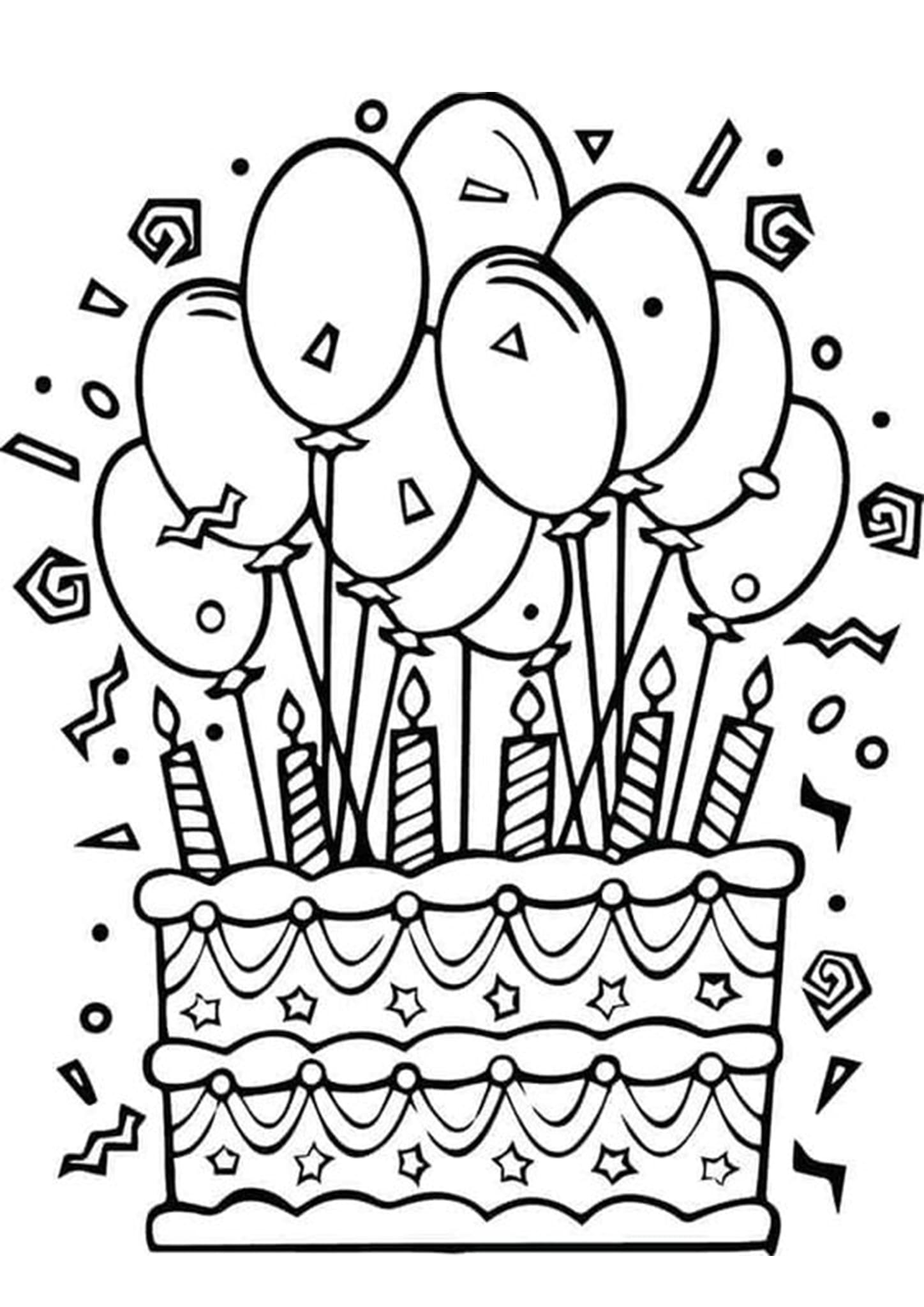 풍선과 함께 생일 축하 케이크 coloring page