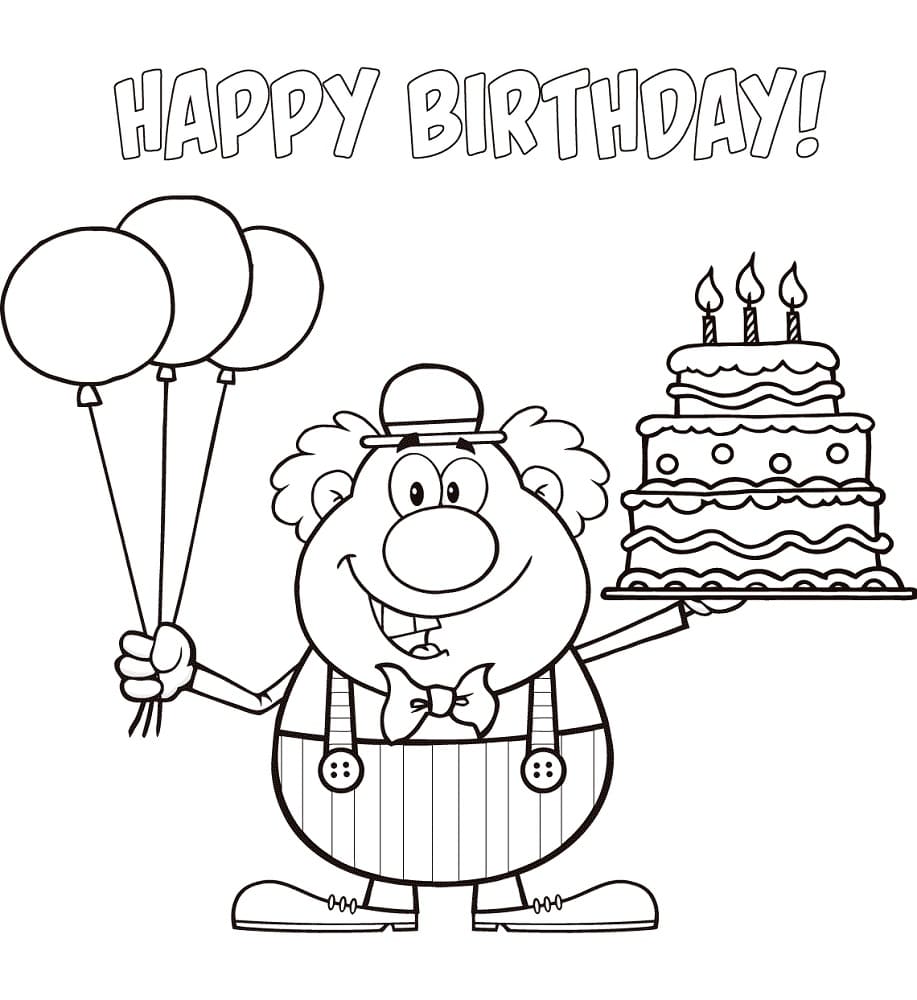풍선과 생일 케이크를 들고 있는 광대 coloring page