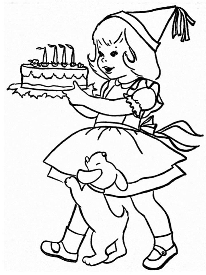 생일 케이크와 어린 소녀 coloring page